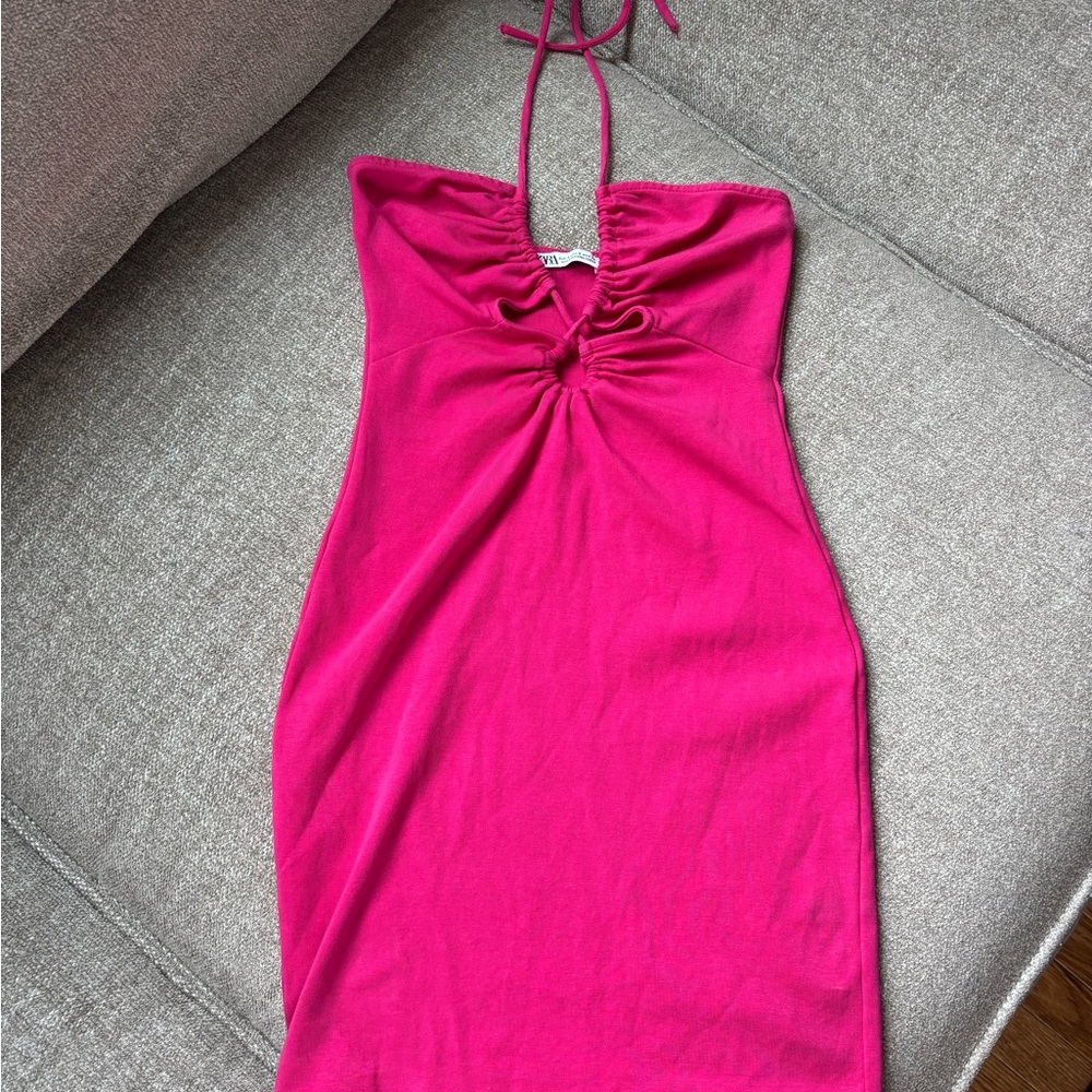 Zara Fuchsia Ruched Halter Dress - Picture 2 of 6